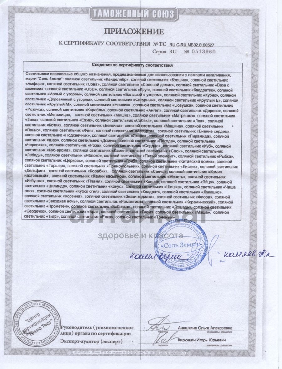 Сертификат на товар Лампа солевая корзина Ангелы Лампа солевая корзина Ангелы сертификат